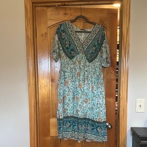 BloomChic Blue and White Ruched Midi Sundress